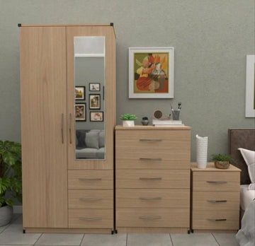 2 Door Wardrobe With 3 Drawers And 1 Mirror Complete Set