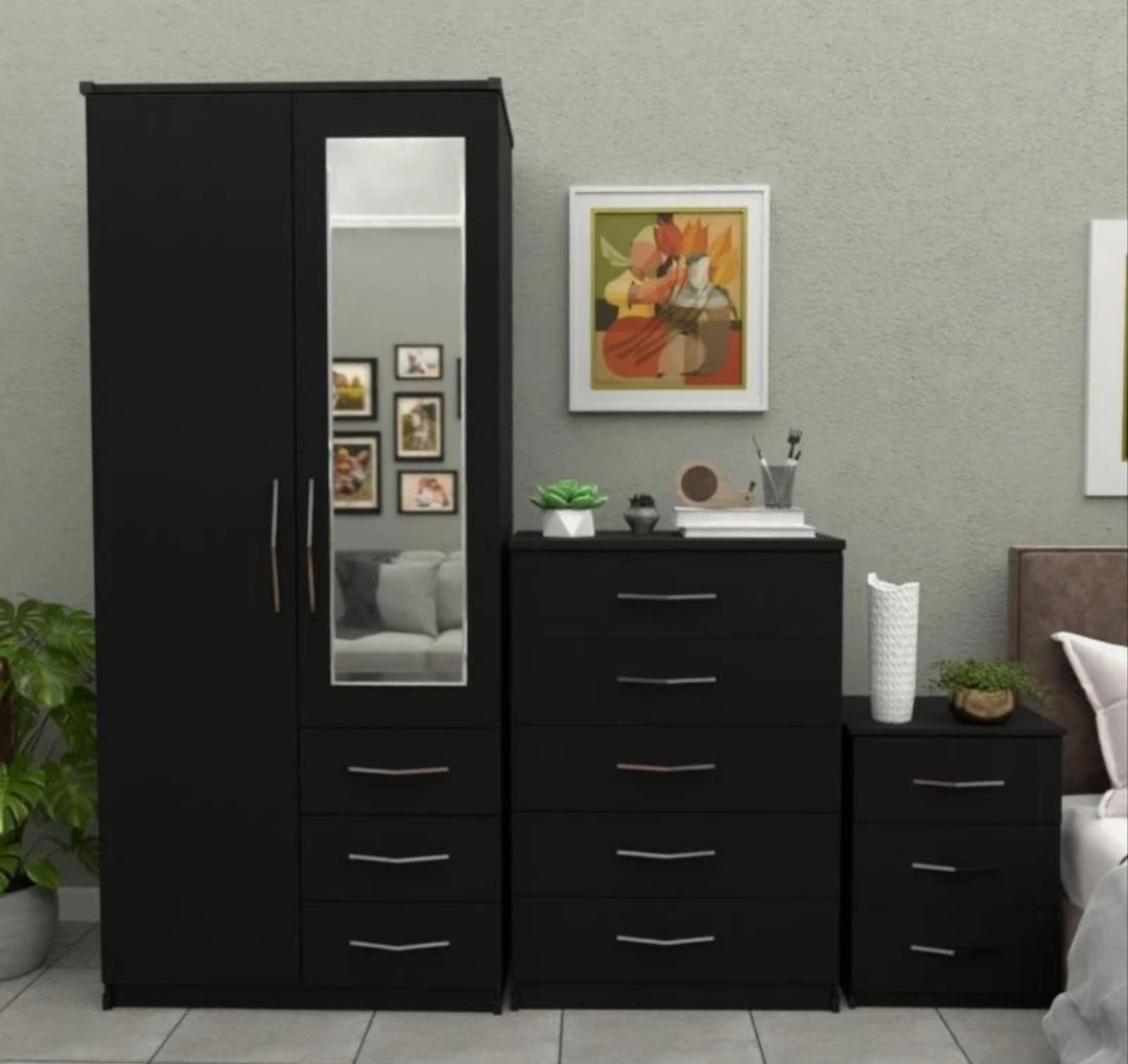 2 Door Wardrobe With 3 Drawers And 1 Mirror Complete Set