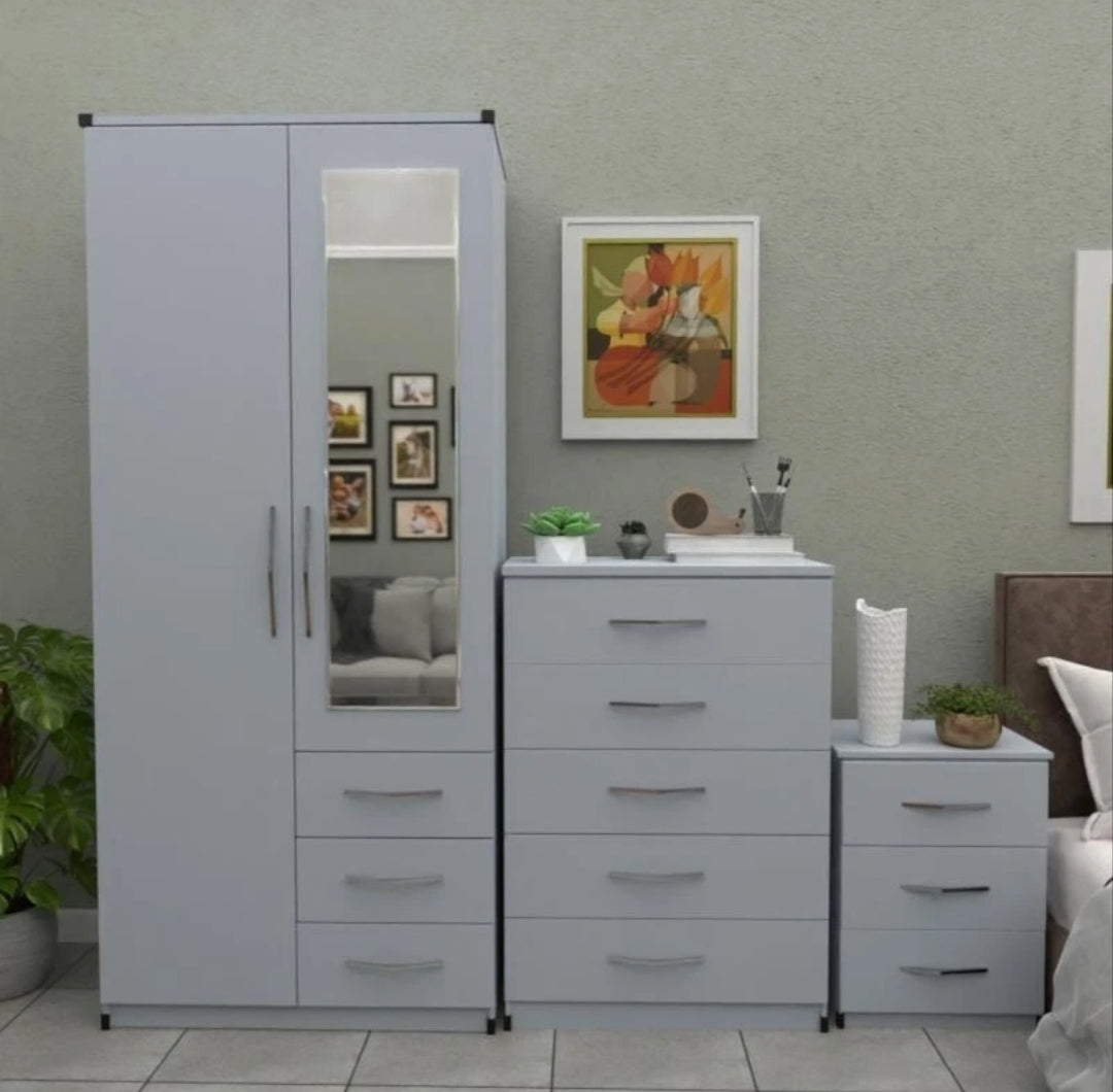 2 Door Wardrobe With 3 Drawers And 1 Mirror Complete Set