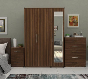 3 Door Plain Wardrobe Full Set With Chester + 1 Bedside