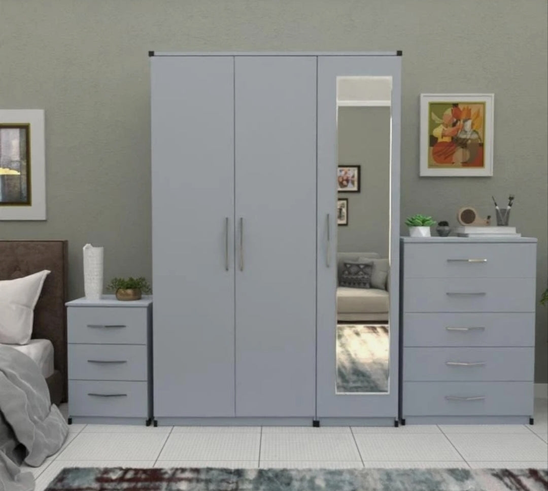 3 Door Plain Wardrobe Full Set With Chester + 1 Bedside