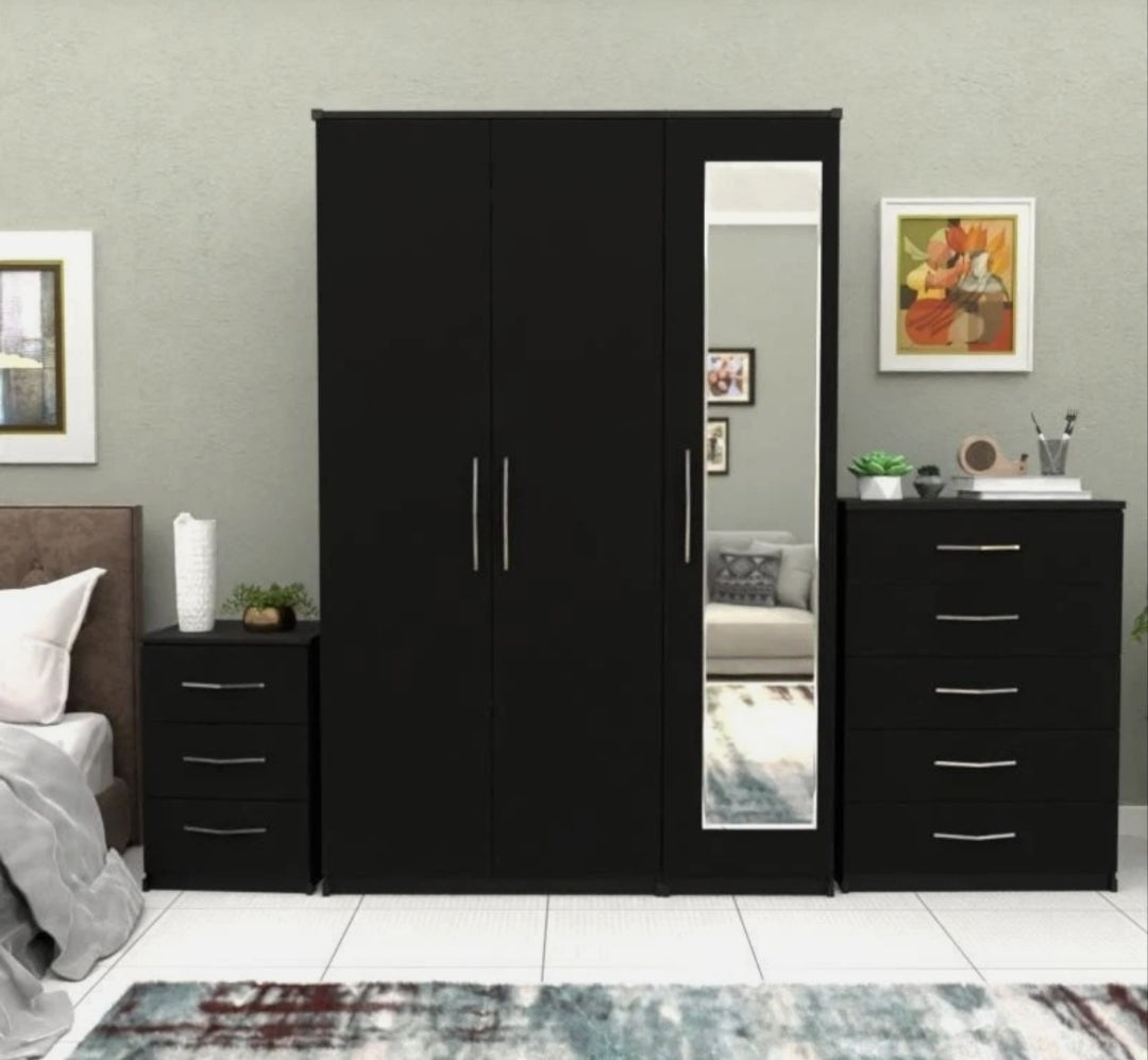 3 Door Plain Wardrobe Full Set With Chester + 1 Bedside