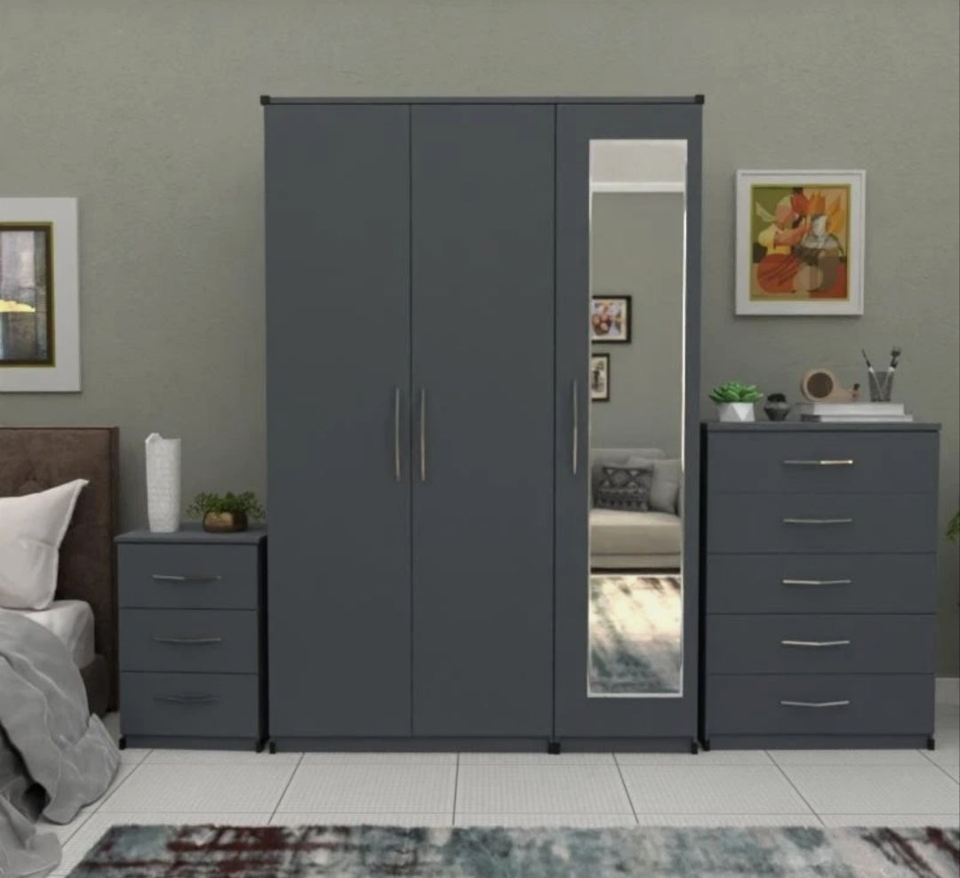 3 Door Plain Wardrobe Full Set With Chester + 1 Bedside