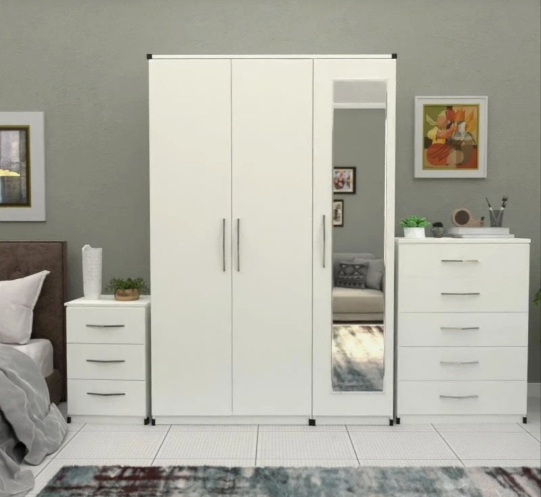 3 Door Plain Wardrobe Full Set With Chester + 1 Bedside